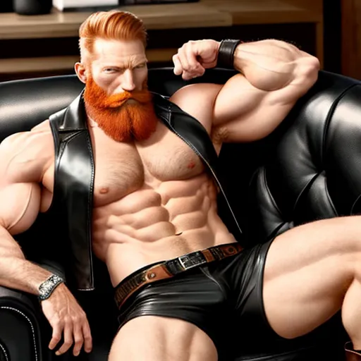 hd images - a man with a red beard and a leather jacket on sitting in a chair with his arm on his hips, by Terada Katsuya