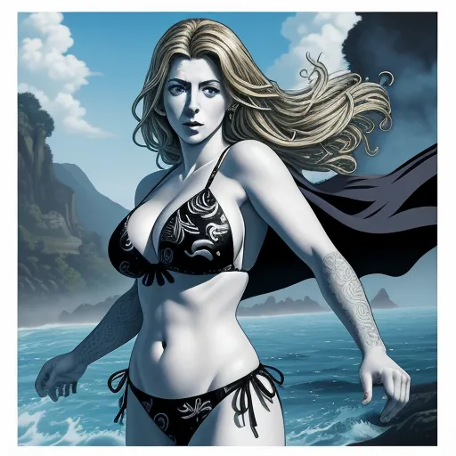 turn image to hd - a woman in a bikini standing on a beach next to the ocean with a black cape on her head, by Hirohiko Araki