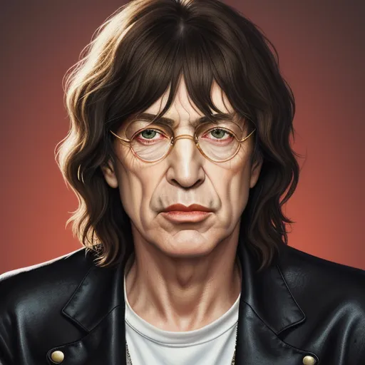 a painting of a man with glasses and a leather jacket on, with a red background and a red background, by Daniela Uhlig