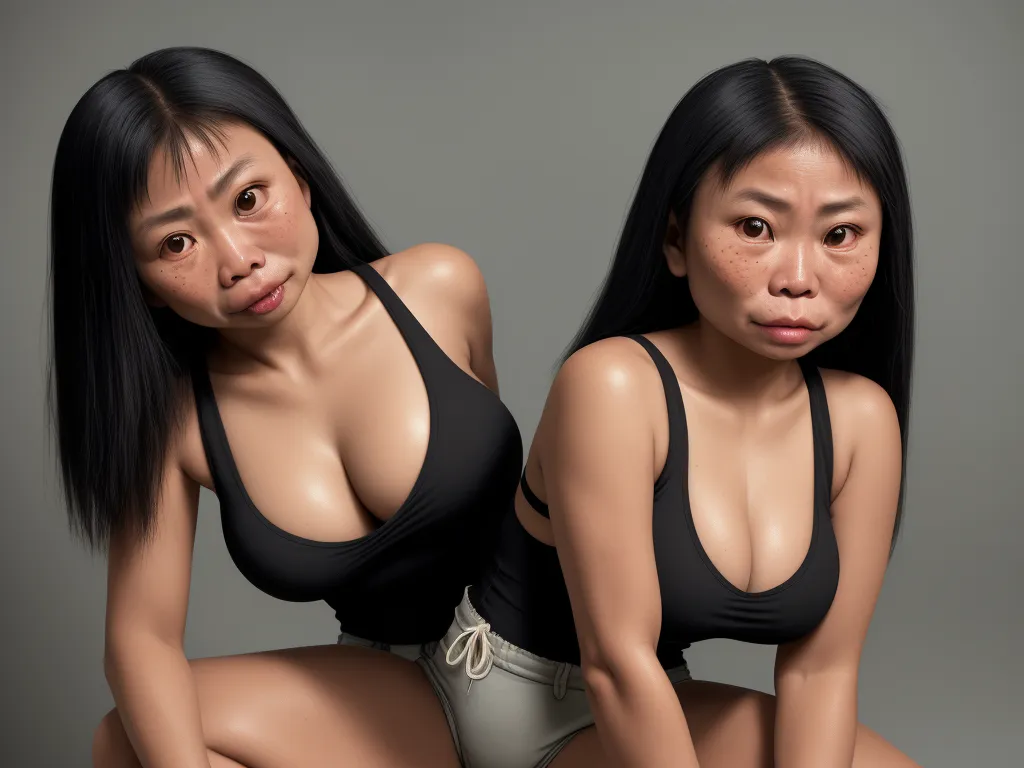 convert photo to 4k quality - a woman in a black top and a woman in a gray skirt are posing for a picture together, both of them are very large breasts, by Adam Martinakis