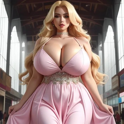 a woman in a pink dress posing for a picture in a large building with a huge breast and huge breasts, by Terada Katsuya