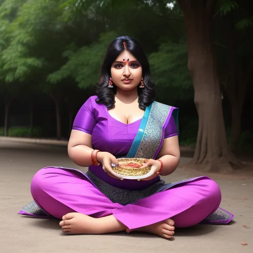 ai image enhancer - a woman in a purple outfit is sitting on the ground holding a plate of food in her hands and a tree in the background, by Raja Ravi Varma