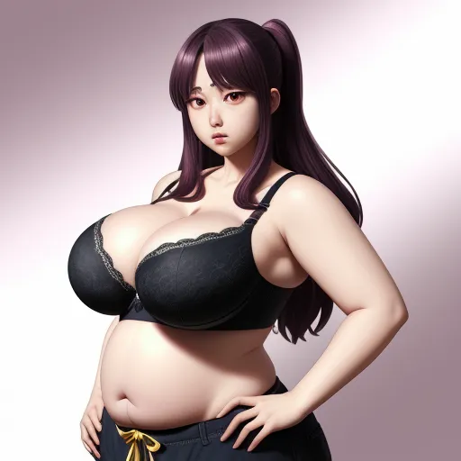 generate photo from text - a woman in a bra top and shorts posing for a picture with her hands on her hips and her breasts exposed, by Hirohiko Araki
