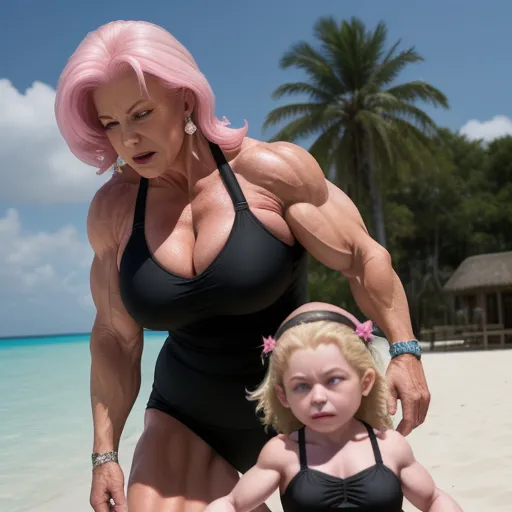 a woman and a child on a beach with a bodybuilding figure in the background and a palm tree in the foreground, by David LaChapelle