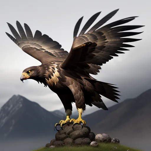 hd quality photo - a bird of prey with wings spread out on a rock in front of mountains and a cloudy sky with clouds, by Alexandre Calame