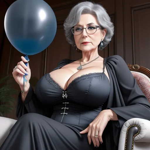 make any photo hd - a woman in a black dress holding a blue balloon in her hand and a black robe on her shoulders, by Botero