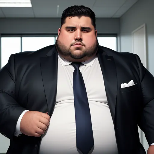 ai image generator from text free - a fat man in a suit and tie is standing in a room with a window behind him and his hands on his hips, by Botero