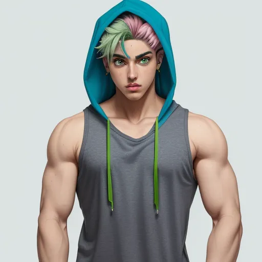 a man with a hoodie and a green hair is posing for a picture in a grey tank top, by Lois van Baarle