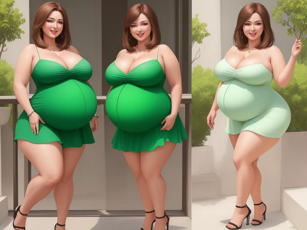 a pregnant woman in a green dress poses for a picture in front of a doorway and a doorway with a green plant, by Toei Animations