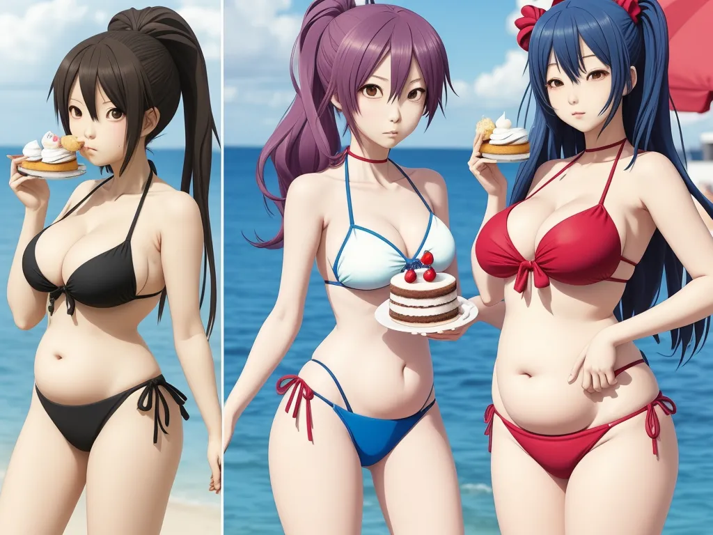 free ai text to image - two cartoon women in bikinis on a beach with a cake and an umbrella in the background, one of which is eating a piece of cake, by Toei Animations