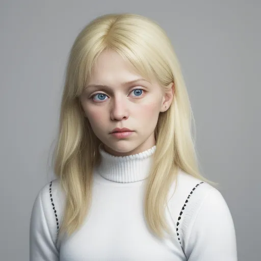 make image higher resolution - a woman with long blonde hair and blue eyes wearing a white turtle neck sweater and black trims, posing for a portrait, by Gottfried Helnwein