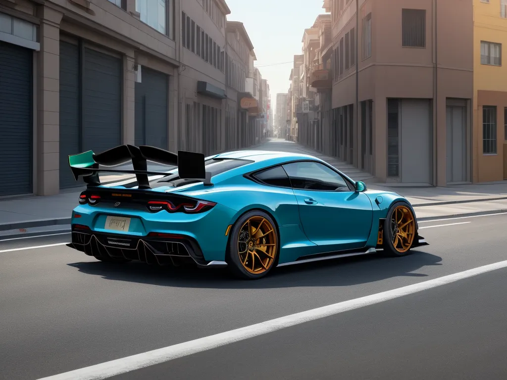 hd images - a blue sports car driving down a street next to tall buildings and a traffic light on a pole with a green arrow on the top, by Hendrik van Steenwijk I