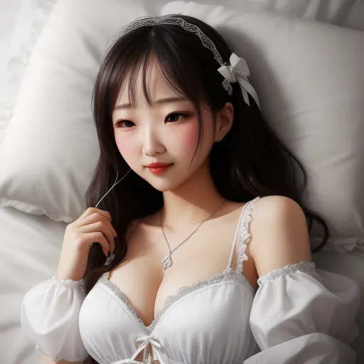 a woman in a white dress laying on a bed with a white pillow and a white headband on her head, by Chen Daofu