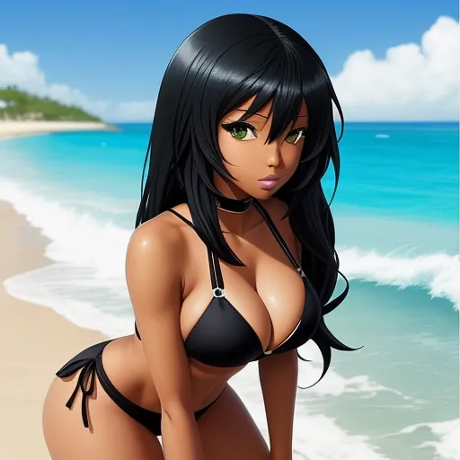 a cartoon girl in a bikini on the beach with a surfboard in the background and a blue sky, by Toei Animations