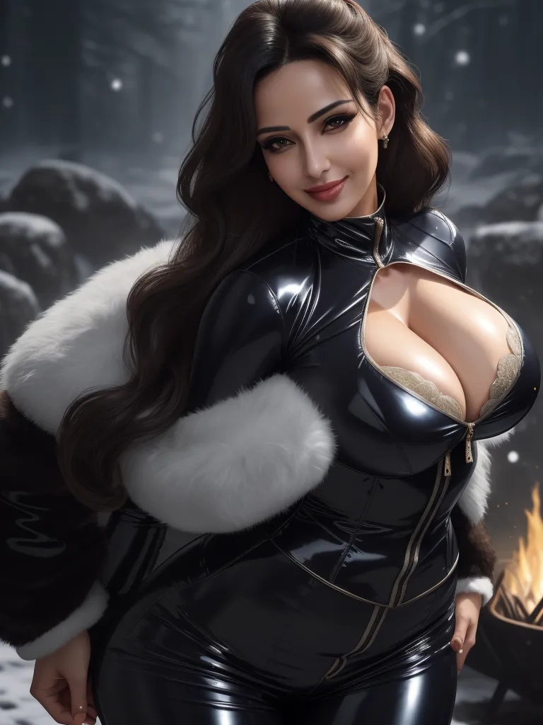 advanced ai image generator - a woman in a leather outfit with a fur collar and fur cuffs on her chest, posing for a picture, by Hirohiko Araki