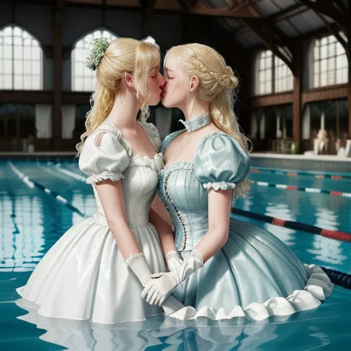 two women in dresses sitting on a pool edge kissing each other with their hands on their hipss,, by Jamie Baldridge