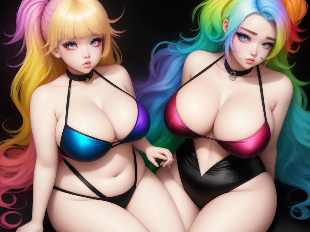 two cartoon women with colorful hair and bras sitting next to each other on a black background with a black background, by Sailor Moon