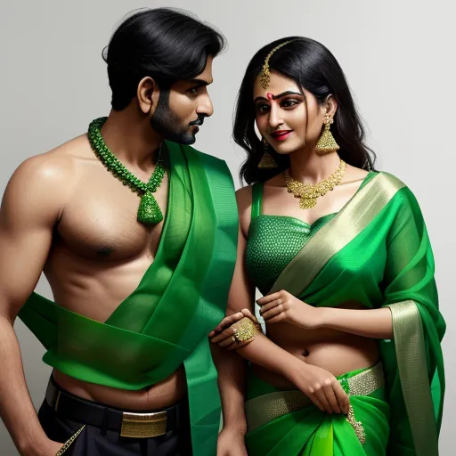 convert photo into 4k - a man and woman dressed in green sari and jewelry standing next to each other with their hands on their hips, by Raja Ravi Varma