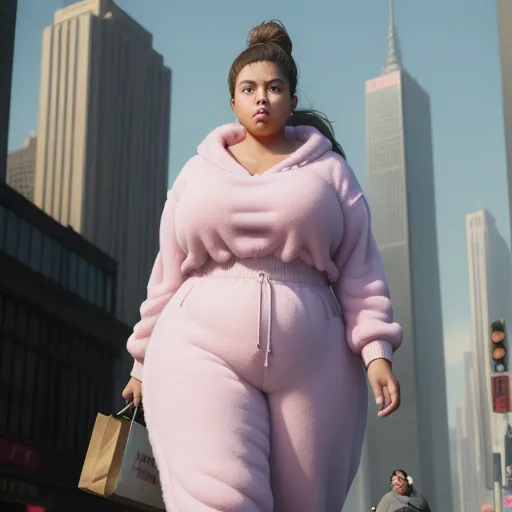 turn image into hd - a woman in a pink outfit walking down a street with a city skyline in the background and a person in a black jacket, by Hendrik van Steenwijk I