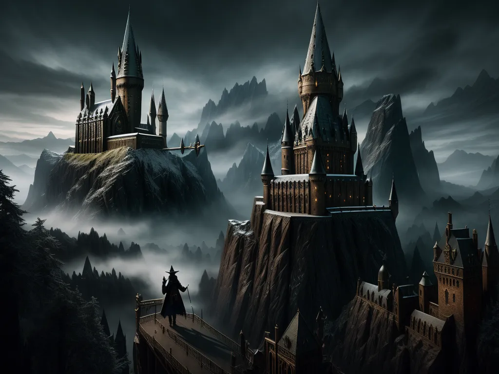 a castle with a wizard standing on top of it in the foggy mountains with a dark sky behind it, by Heinrich Danioth