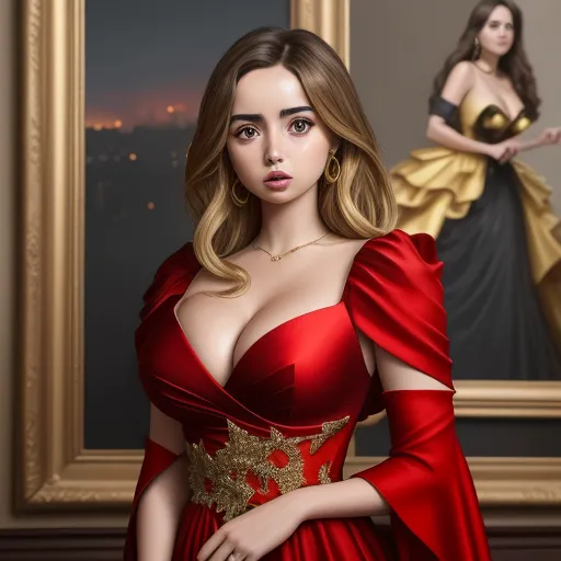 a woman in a red dress standing in front of a painting of a woman in a red dress and a woman in a gold dress, by Lois van Baarle