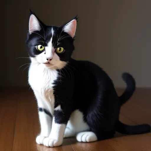 best photo ai enhancer - a black and white cat sitting on a wooden floor looking at the camera with a curious look on its face, by Terada Katsuya