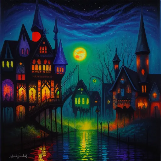 word to image generator ai - a painting of a night scene with a full moon and a castle with a dock and a full moon, by Alexander Jansson