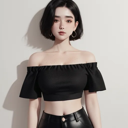 a woman with short black hair wearing a black top and black pants with a black belt around her waist, by Chen Daofu