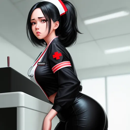 a woman in a nurse outfit is standing at a podium with a red cross on her shirt and black pants, by Sailor Moon