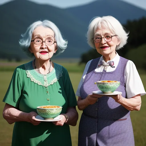 two older women holding a bowl of food in their hands and a plate with a bowl of food in it, by Julie Blackmon