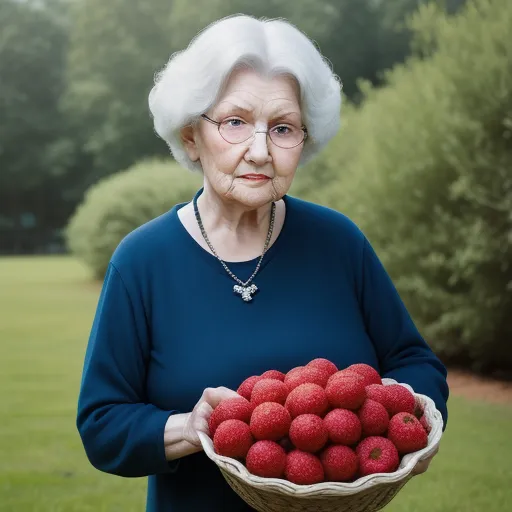 ai image upscale - a woman holding a bowl of strawberries in a field of grass and trees in the background, with a green field behind her, by Julie Blackmon