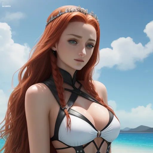 make image higher resolution - a woman with red hair wearing a bra and a tiara on her head standing on a beach with a blue sky and ocean in the background, by Terada Katsuya
