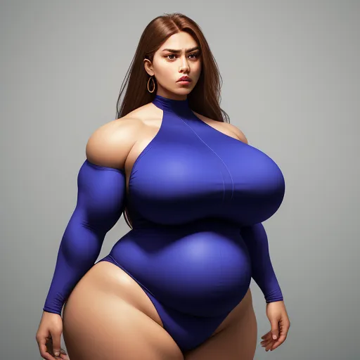 a woman in a blue bodysuit poses for a picture with her big breast and large breasts on her chest, by Terada Katsuya