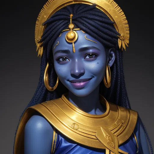 creating images with ai - a woman with a blue face and gold jewelry on her head and a gold necklace on her neck and a gold necklace on her head, by Lois van Baarle