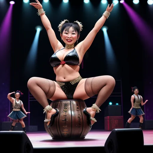 a woman in a bikini top and stockings on a stage with a drum in front of her and dancers behind her, by Chen Daofu