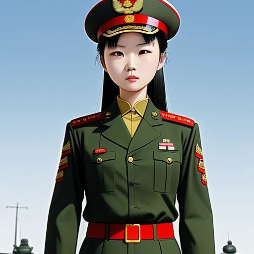 turn image into hd - a woman in a military uniform standing in front of a building with a clock tower in the background and a sky background, by Liu Ye