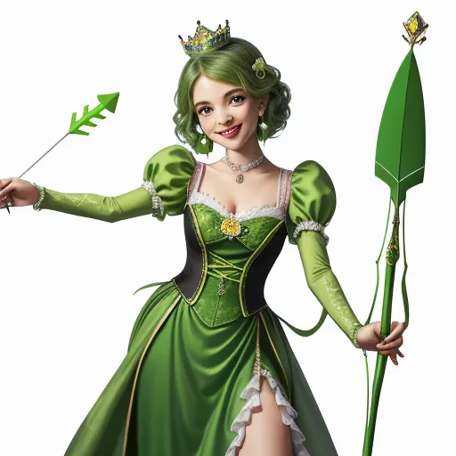 a woman dressed in a green dress holding a green arrow and a green bow on her head and a green dress with a green tail, by Edith Lawrence