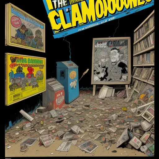 text image generator ai - a pile of money sitting next to a blue trash can and a television screen with the words the glamoones on it, by Peter Bagge