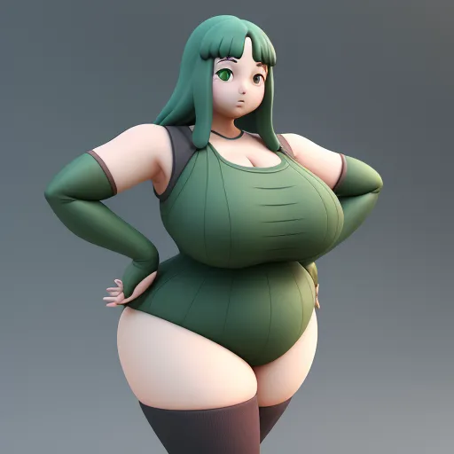 a woman in a green dress with big breast and green hair is posing for a picture with her hands on her hips, by Rumiko Takahashi