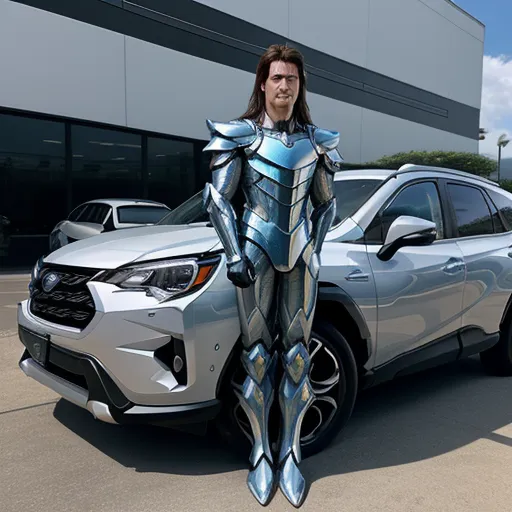 free ai photo - a man in a suit standing next to a car in a parking lot with a futuristic suit on his body, by Baiōken Eishun