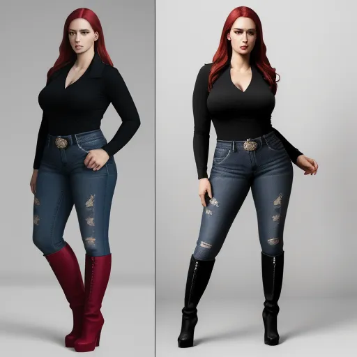 change picture resolution - a woman in black shirt and jeans posing for a picture with boots on her feet and a black shirt with a red hair, by Hendrik van Steenwijk I