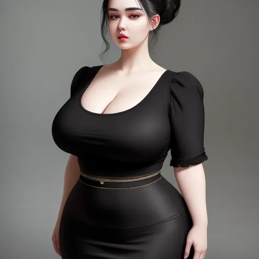 free ai text to image - a woman in a black dress with a big breast and a black top on her head and a black belt around her waist, by Terada Katsuya