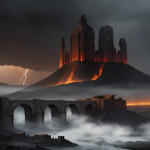 a castle with a lightning bolt in the sky above it and fog below it, with a bridge in the foreground, by John Martin