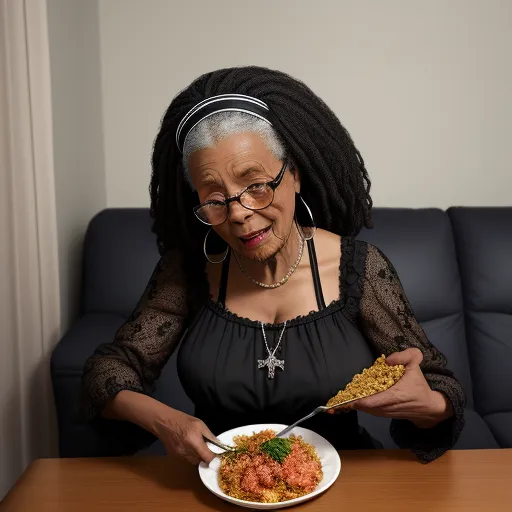 a woman holding a plate of food and looking at the camera while sitting at a table with a blue couch, by Mickalene Thomas