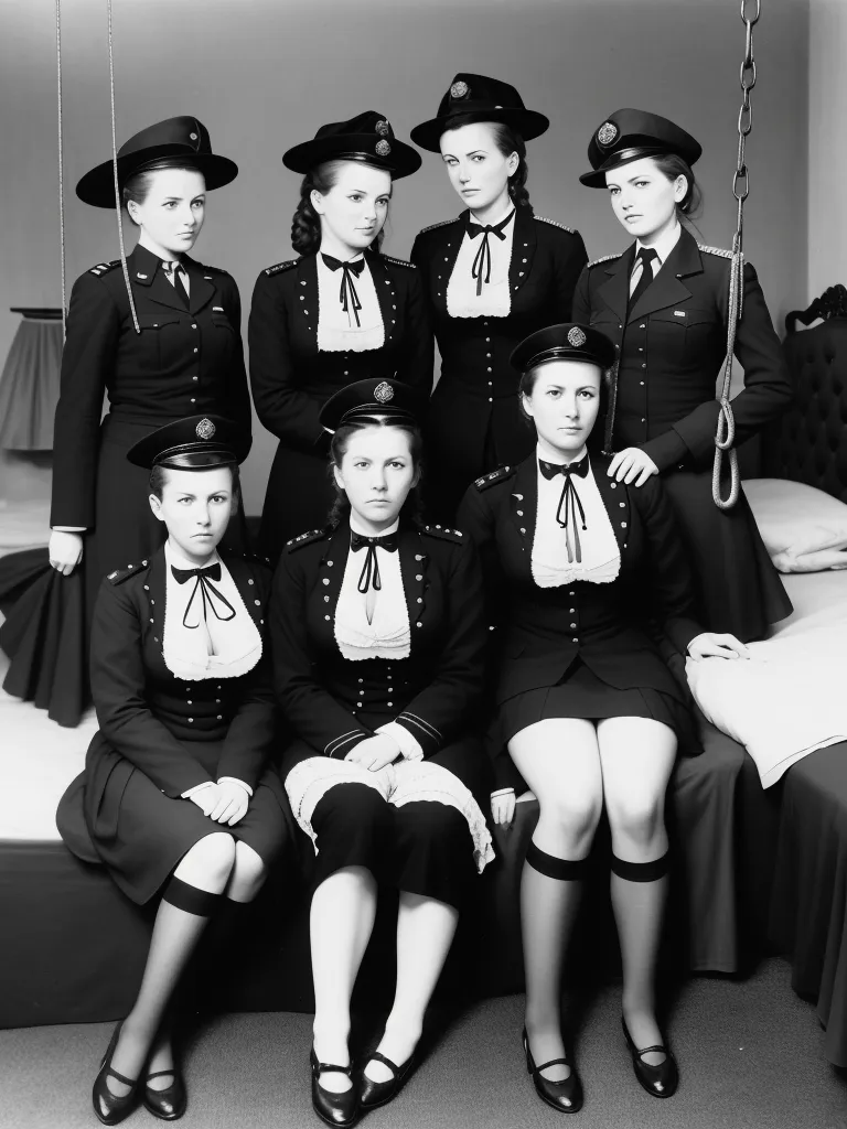 4k quality photo converter - a group of women in uniform posing for a picture together in a bedroom with a swing hanging from the ceiling, by Brassaï