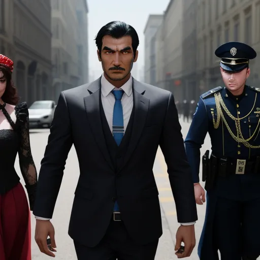 best online ai image generator - a man in a suit and tie walking down a street with two women in costume and a man in a suit, by Terada Katsuya