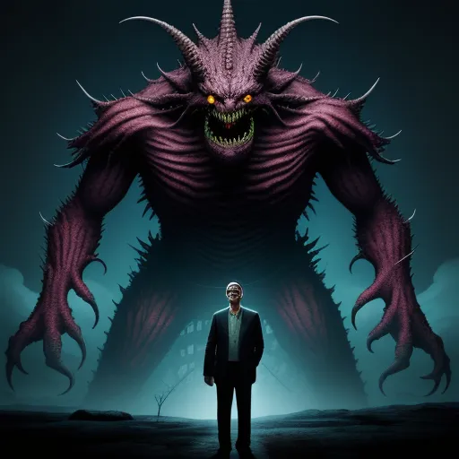 a man standing in front of a giant demonic creature in a dark room with a light on his face, by Chris Mars