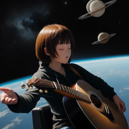 a young girl playing a guitar in front of the earth and saturn in the background with a planet in the background, by Leiji Matsumoto