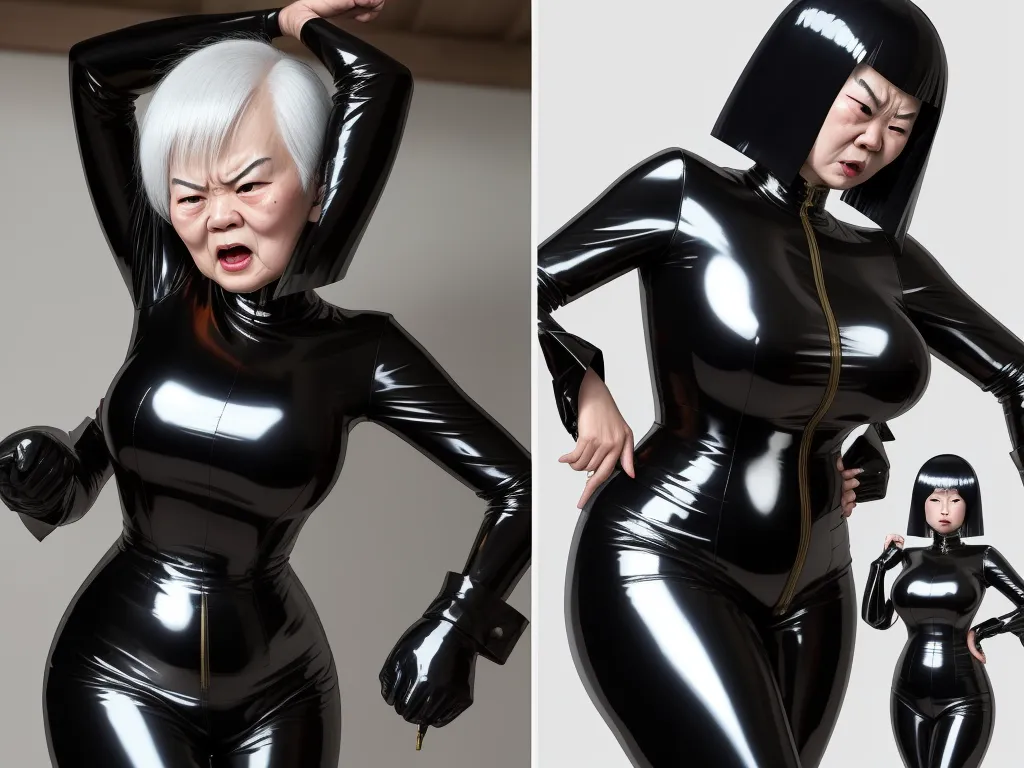 a woman in a black latex suit with a hood on and a bald woman in a black latex suit, by Terada Katsuya