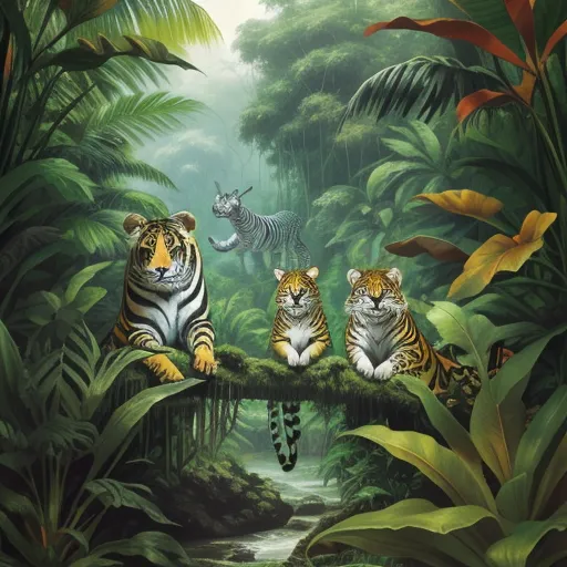 a painting of three tigers sitting on a bridge in a jungle with a stream running through it and a zebra in the background, by Marianne North